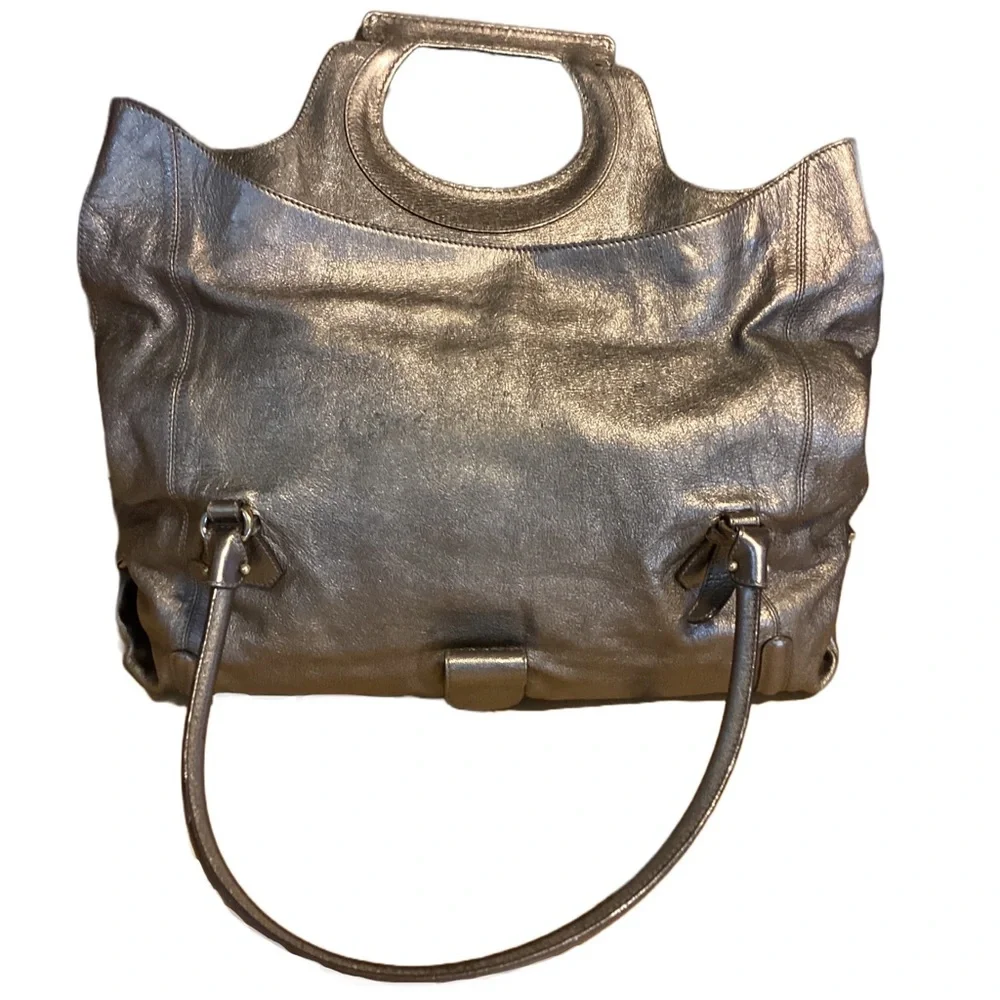 SALVATORE FERRAGAMO METALLIC SILVER/BRONZE LEATHER FOLD OVER SHOULDER BAG